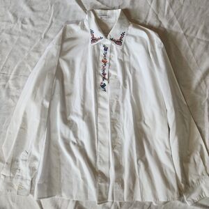 Foxcroft White Embroidered Button Up Shirt Classic Drums Holiday Size 18